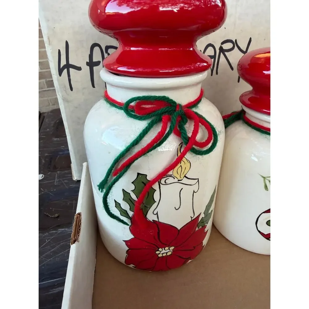 Christmas Canister Set Ceramic Holiday Jars  Lid Poinsettia Holly Decor Set of 4